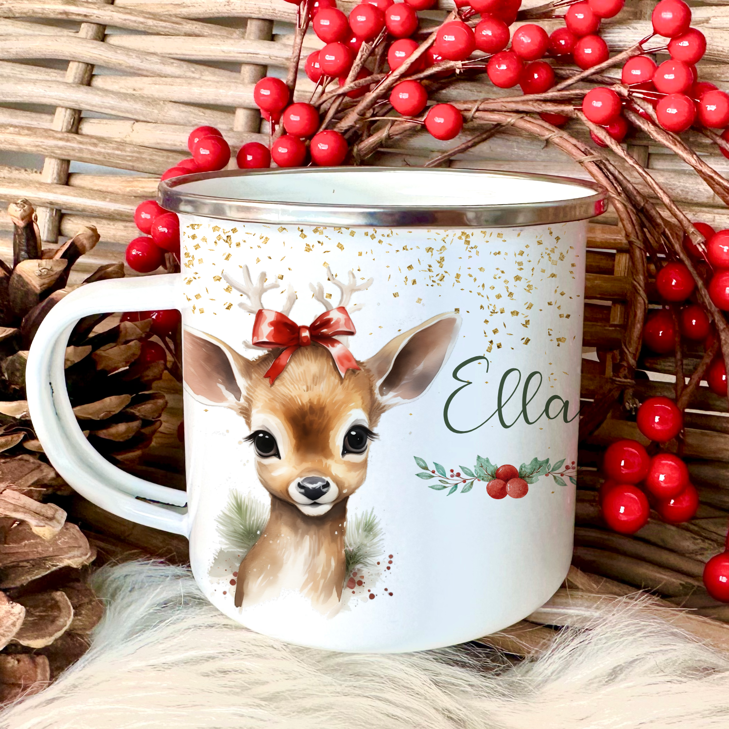 Kinder Tasse Reh mit Namen als Geschenkidee Niklaus Weihnachten 