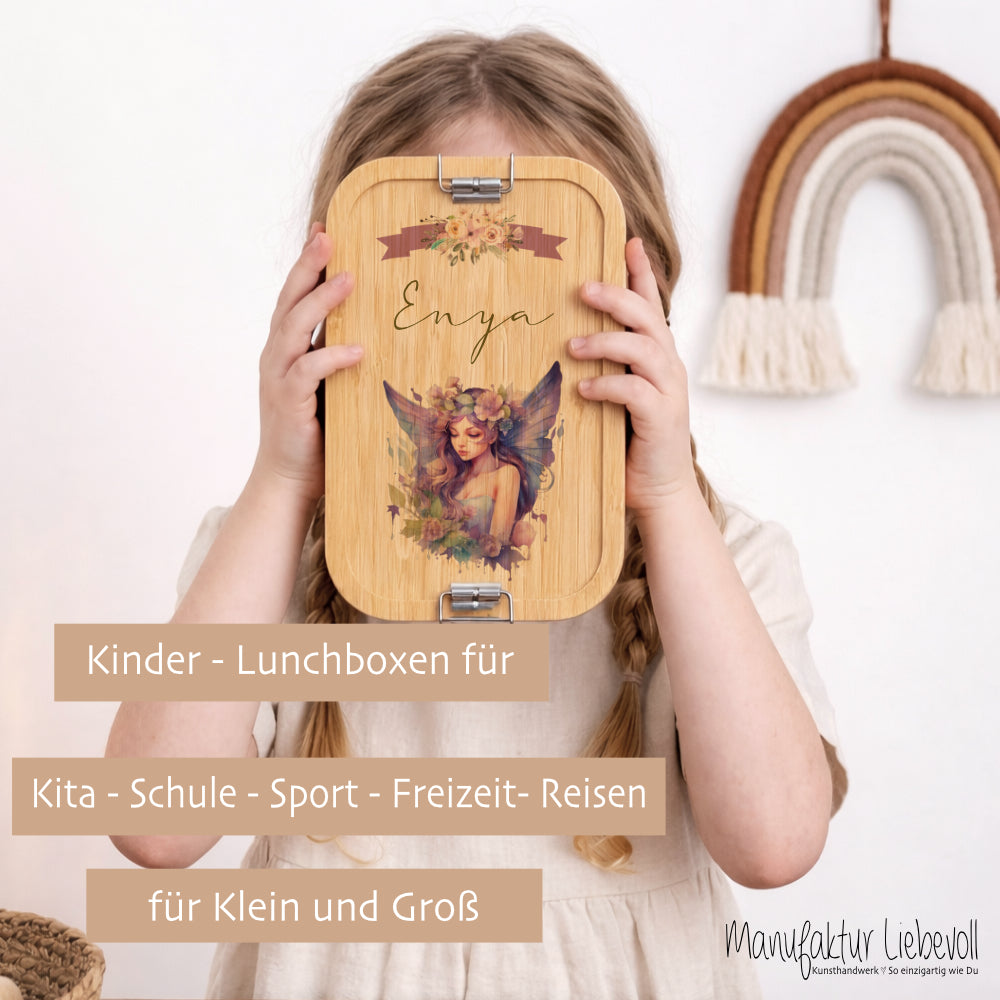 Brotdose "Fee" wählbar in Edelstahl mit Bambusdeckel und Namen für Mädchen | Brotbox Elfe | Personalisiertes Geschenk für Kinder