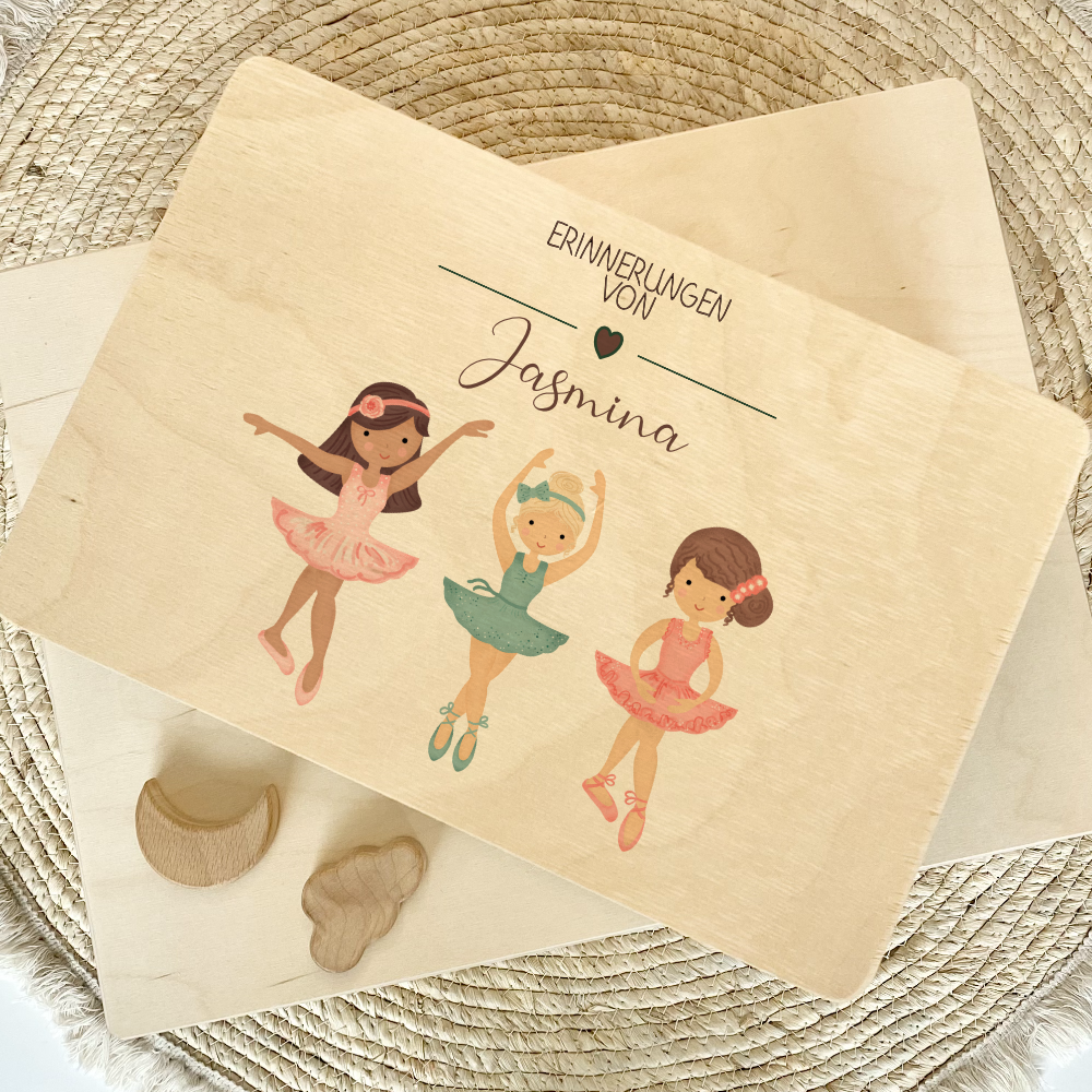 Personalisierte Erinnerungskiste "Ballett" als Motiv für Babys zur Geburt und Taufe, Babygeschenk mit dem Namen, Holzkiste