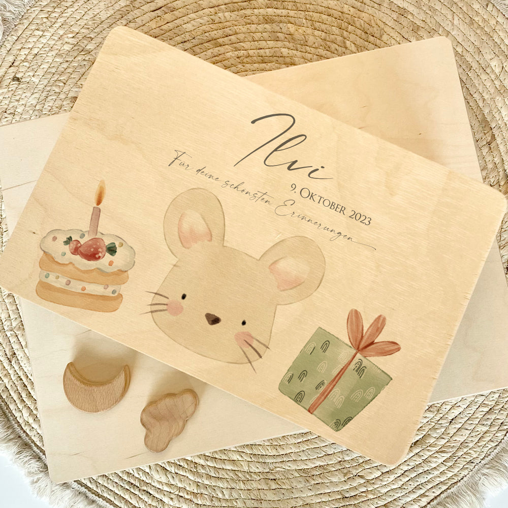 Personalisiertes Willkommensgeschenk aus Holz, Erinnerungsbox mit Motiv "Maus" für Babys, Kinder