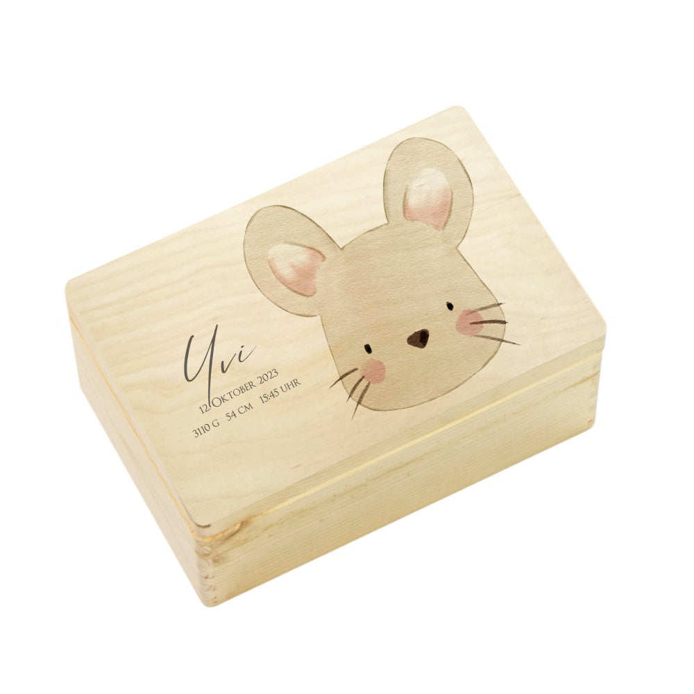 Erinnerungskiste aus Holz für Babys zur Geburt, Taufe, zum ersten Geburtstag | Personalisierte Holzkiste mit Motiv Maus