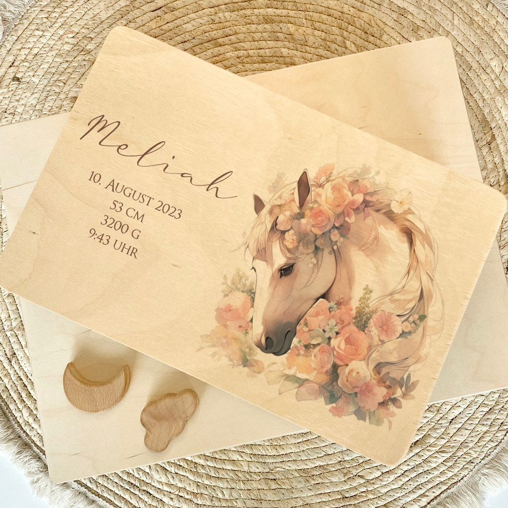 Erinnerungskiste aus Holz mit Motiv "Pony", Personalisierte Holzkiste
