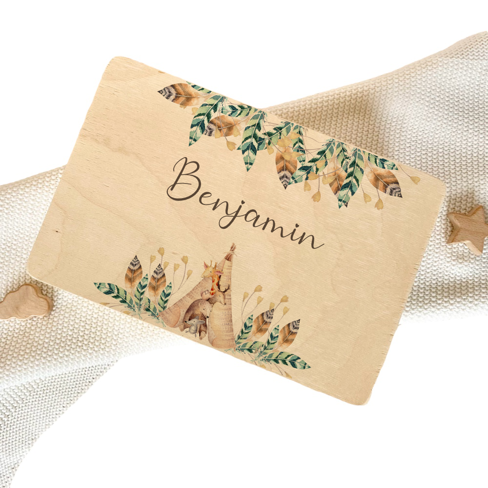 Personalisierte Erinnerungskiste "Boho Tiere" als Motiv für Babys zur Geburt und Taufe, Babygeschenk mit dem Namen, Holzkiste