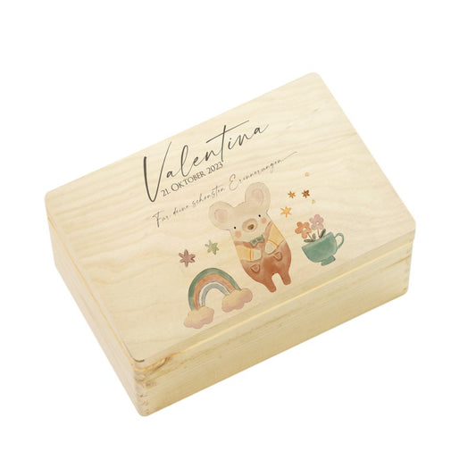 Erinnerungsbox aus Holz für Babys zur Geburt, Taufe, zum ersten Geburtstag | Personalisierte Holzkiste mit Motiv Maus