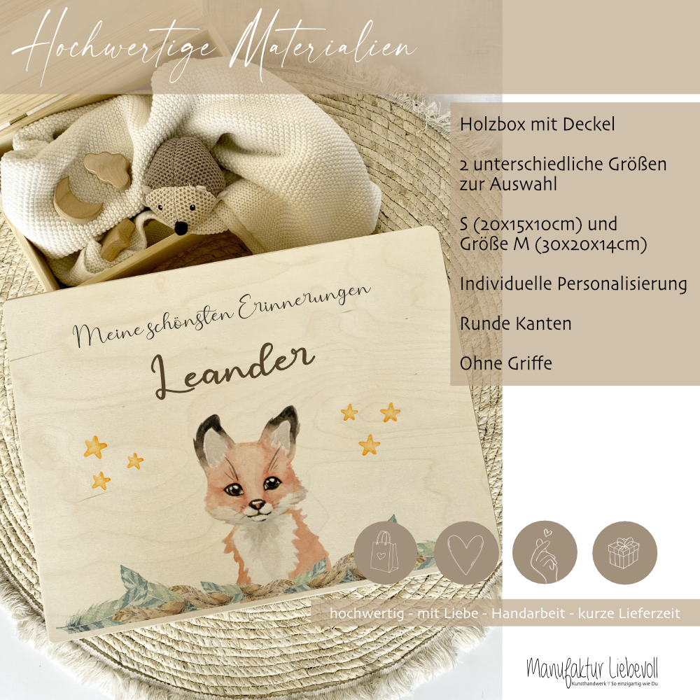 Personalisierte Erinnerungskiste "Fuchs" als Motiv für Babys zur Geburt und Taufe, Babygeschenk mit dem Namen, Holzkiste