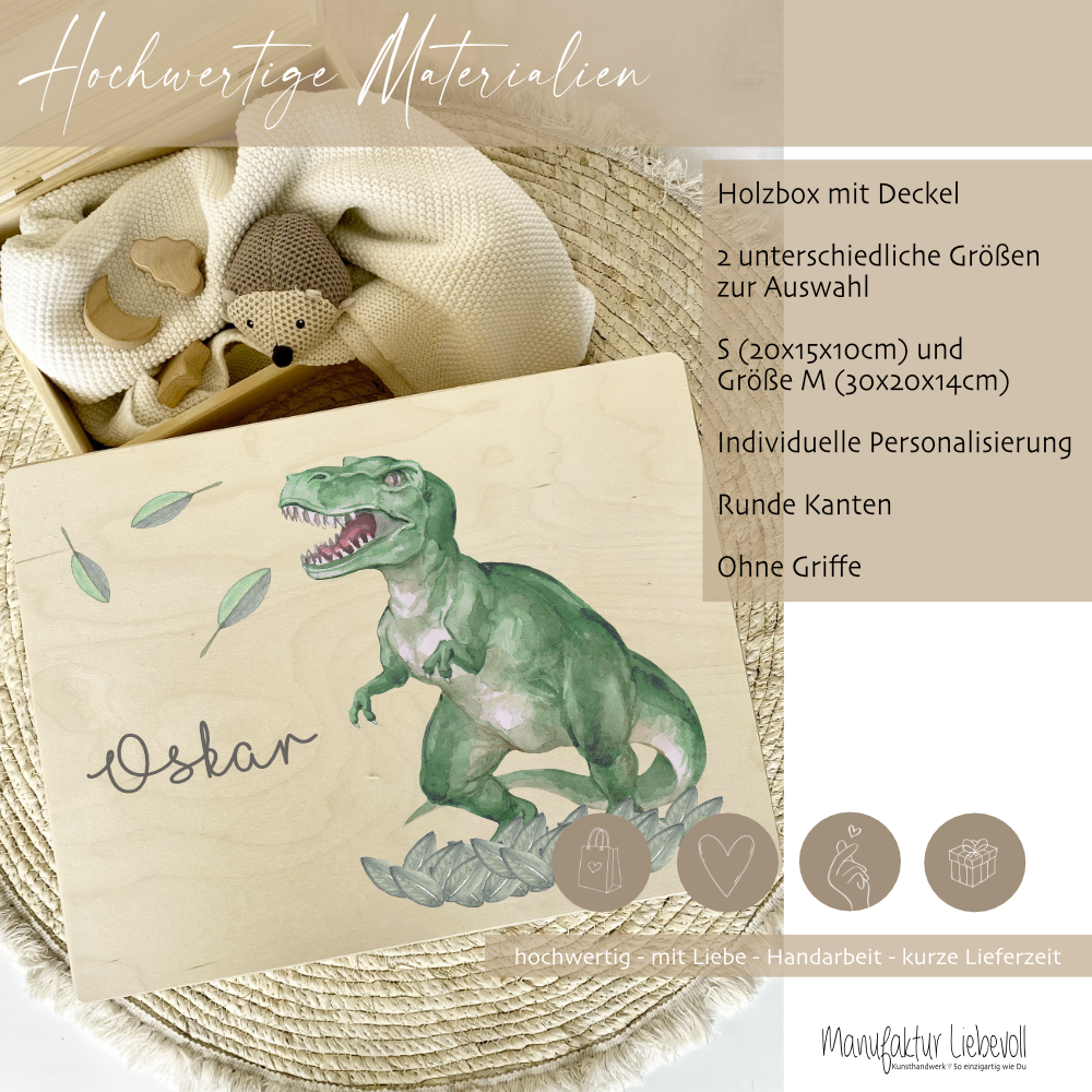 Personalisierte Erinnerungskiste "Dinosaurier" als Motiv für Babys zur Geburt und Taufe, Babygeschenk mit dem Namen, Holzkiste