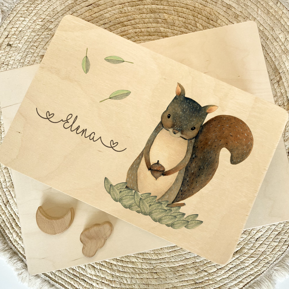 Personalisierte Erinnerungskiste "Eichhörnchen" als Motiv für Babys zur Geburt und Taufe, Babygeschenk mit dem Namen, Holzkiste