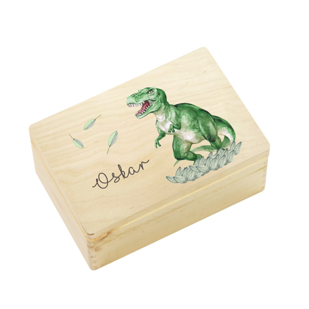 Personalisierte Erinnerungskiste "Dinosaurier" als Motiv für Babys zur Geburt und Taufe, Babygeschenk mit dem Namen, Holzkiste