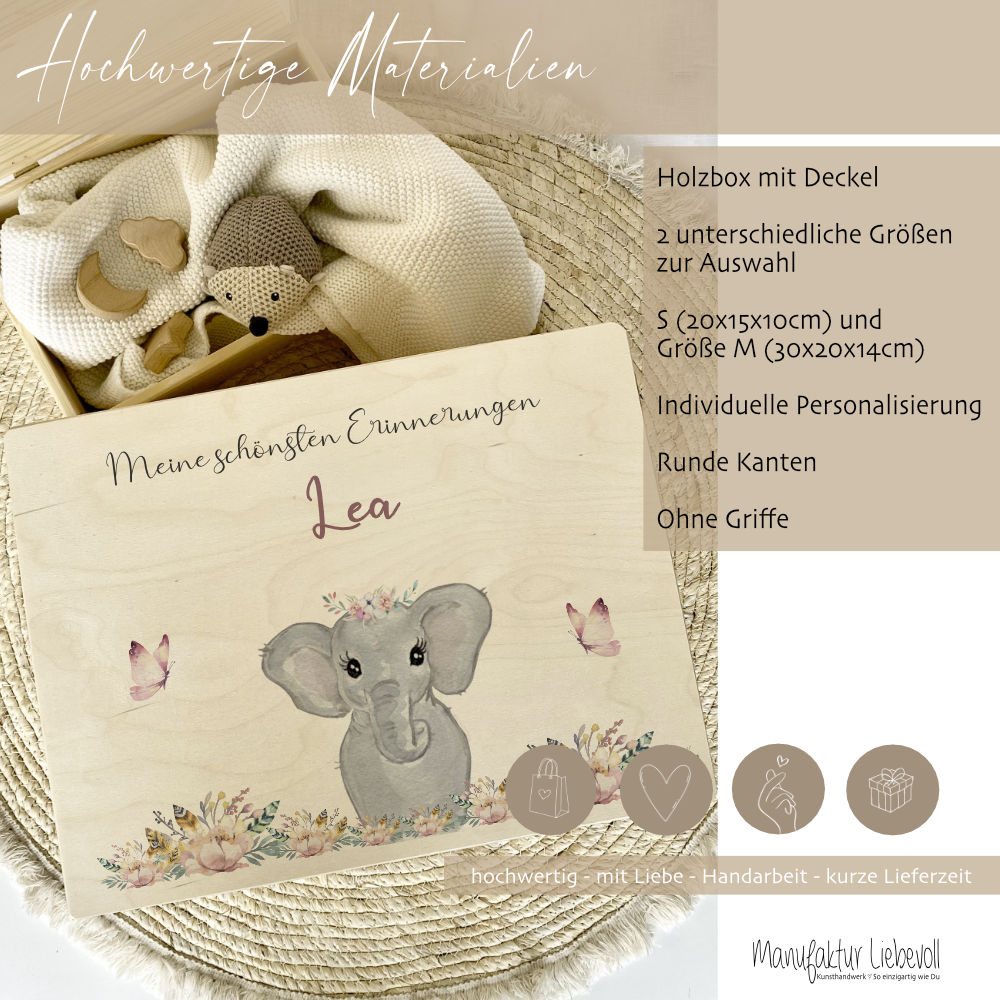 Personalisierte Erinnerungskiste "Elefant" als Motiv für Babys zur Geburt und Taufe, Babygeschenk mit dem Namen, Holzkiste