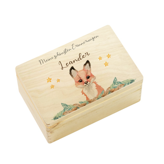 Personalisierte Erinnerungskiste "Fuchs" als Motiv für Babys zur Geburt und Taufe, Babygeschenk mit dem Namen, Holzkiste
