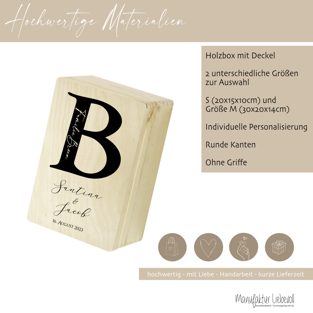 Personalisierte Erinnerungskiste zur Hochzeit mit Monogram, Holzbox, Hochzeitsgeschenk