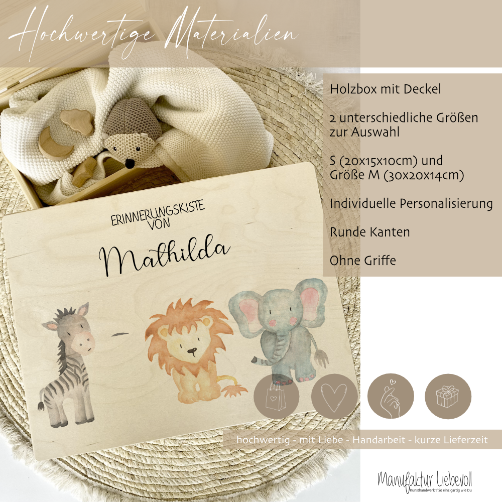 Personalisierte Erinnerungskiste "Aquarell Tiere" als Motiv für Babys zur Geburt und Taufe, Babygeschenk mit dem Namen, Holzkiste