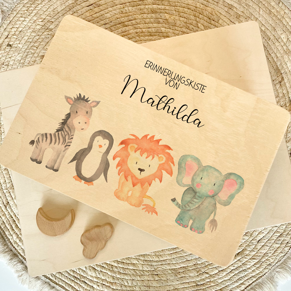 Personalisierte Erinnerungskiste "Aquarell Tiere" als Motiv für Babys zur Geburt und Taufe, Babygeschenk mit dem Namen, Holzkiste