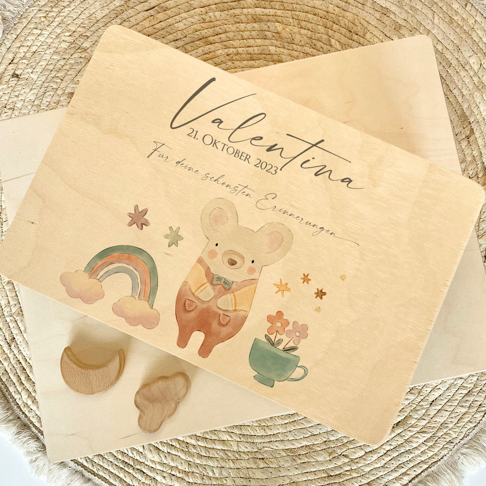 Erinnerungsbox aus Holz für Babys zur Geburt, Taufe, zum ersten Geburtstag | Personalisierte Holzkiste mit Motiv Maus