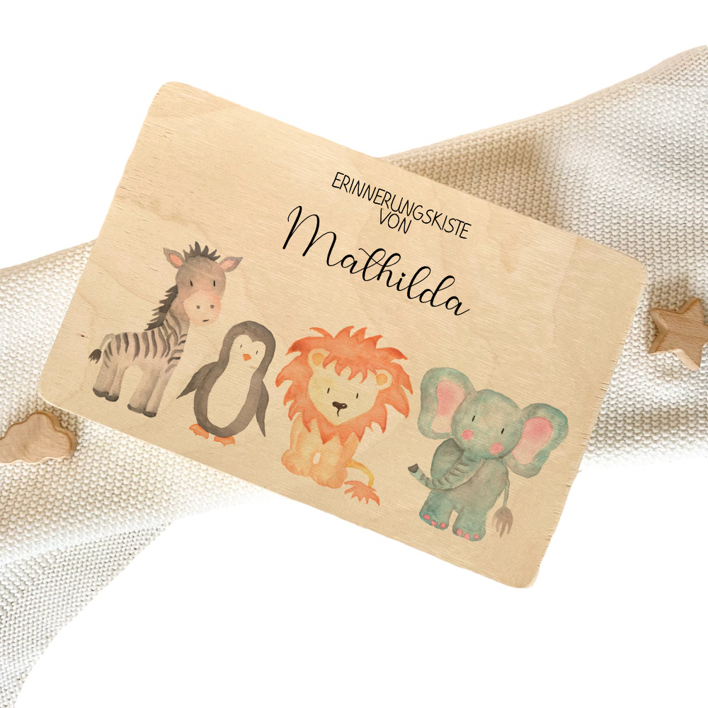 Personalisierte Erinnerungskiste "Aquarell Tiere" als Motiv für Babys zur Geburt und Taufe, Babygeschenk mit dem Namen, Holzkiste