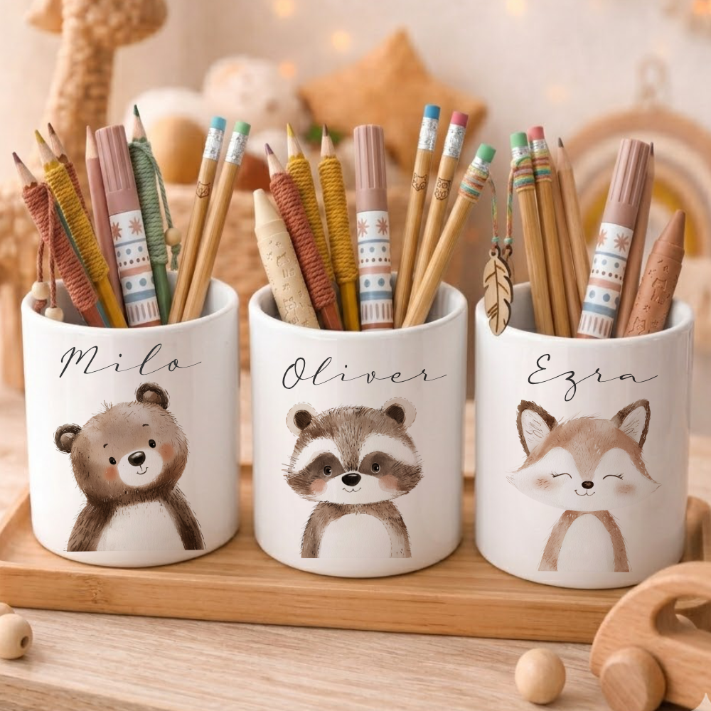 Personalisierter Stiftehalter Waldtiere – Keramik Stifteköcher mit Namen für Kinder