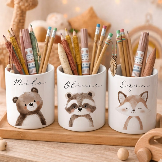 Personalisierter Stiftehalter Waldtiere – Keramik Stifteköcher mit Namen für Kinder