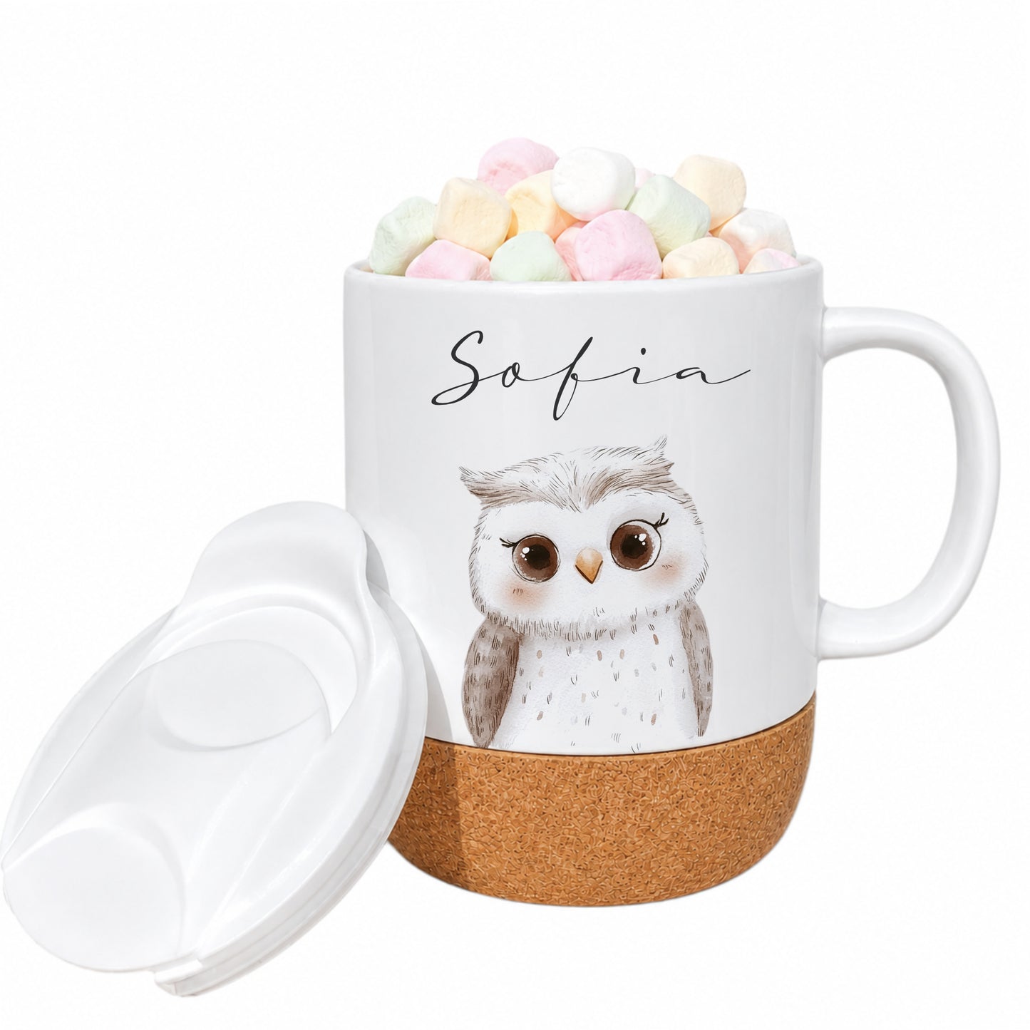 Personalisierte Kindertasse mit Name – Keramiktasse mit Korkboden & Deckel | 12 Tiermotive
