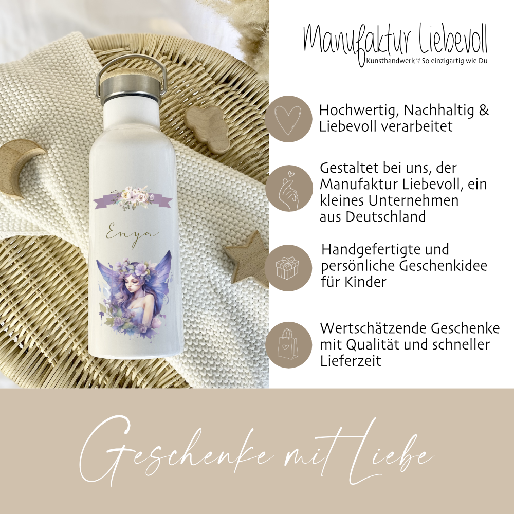 Kinder Trinkflasche Fee Elfe mit Namen als Kinder Geschenk