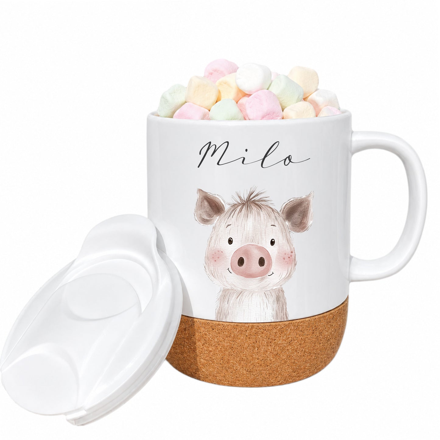 Personalisierte Kindertasse mit Name – Keramiktasse mit Korkboden & Deckel | 12 Tiermotive