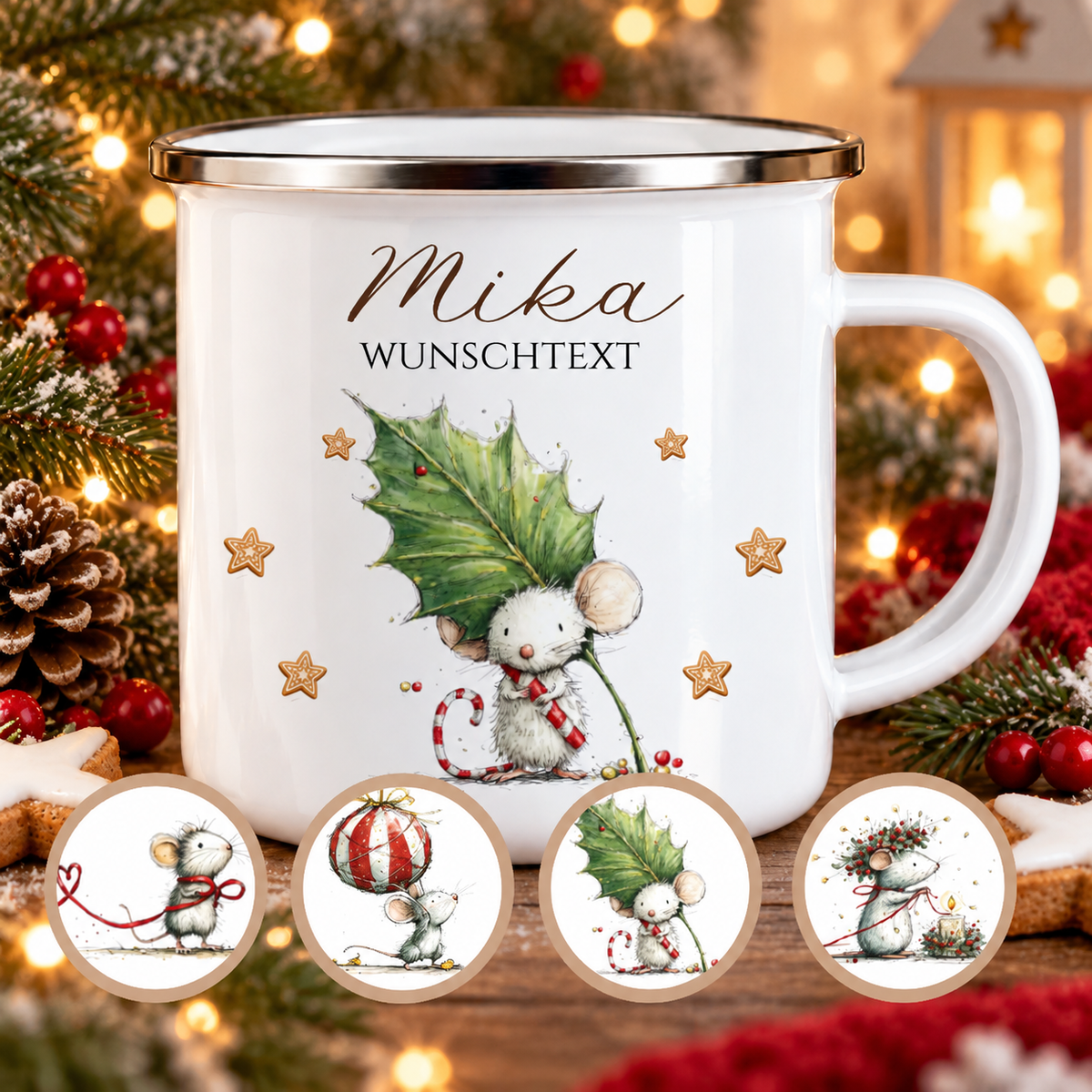 Emaille Tasse personalisiert mit Namen – 4 süße Weihnachtsmäuse
