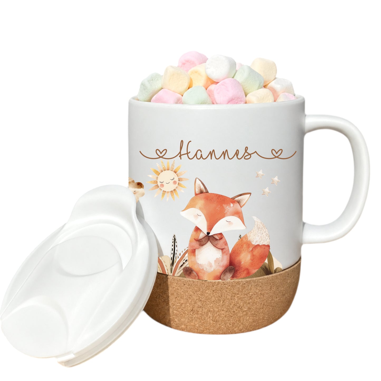 Personalisierte Kindertasse mit Namen – Keramiktasse mit Korkboden & Deckel | 14 Motive zur Auswahl