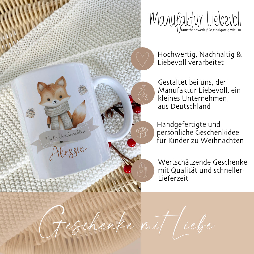 Weihnachtliche Tasse für Kinder, Tasse aus Keramik "Frohe Weihnachten" mit Fuchs und Namen