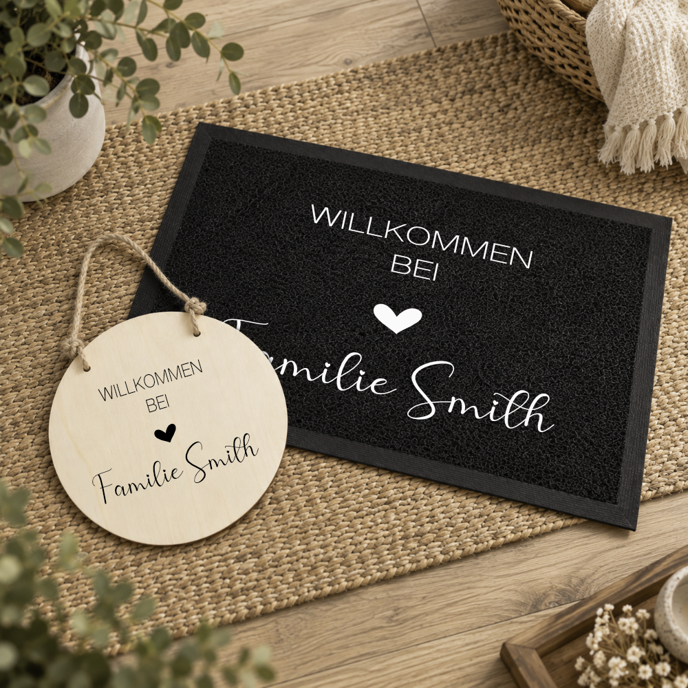 Personalisierte Fußmatte & Türschild aus Holz – Willkommen bei Familie