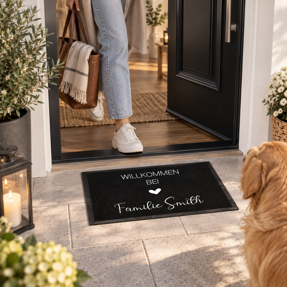 Personalisierte Fußmatte & Türschild aus Holz – Willkommen bei Familie