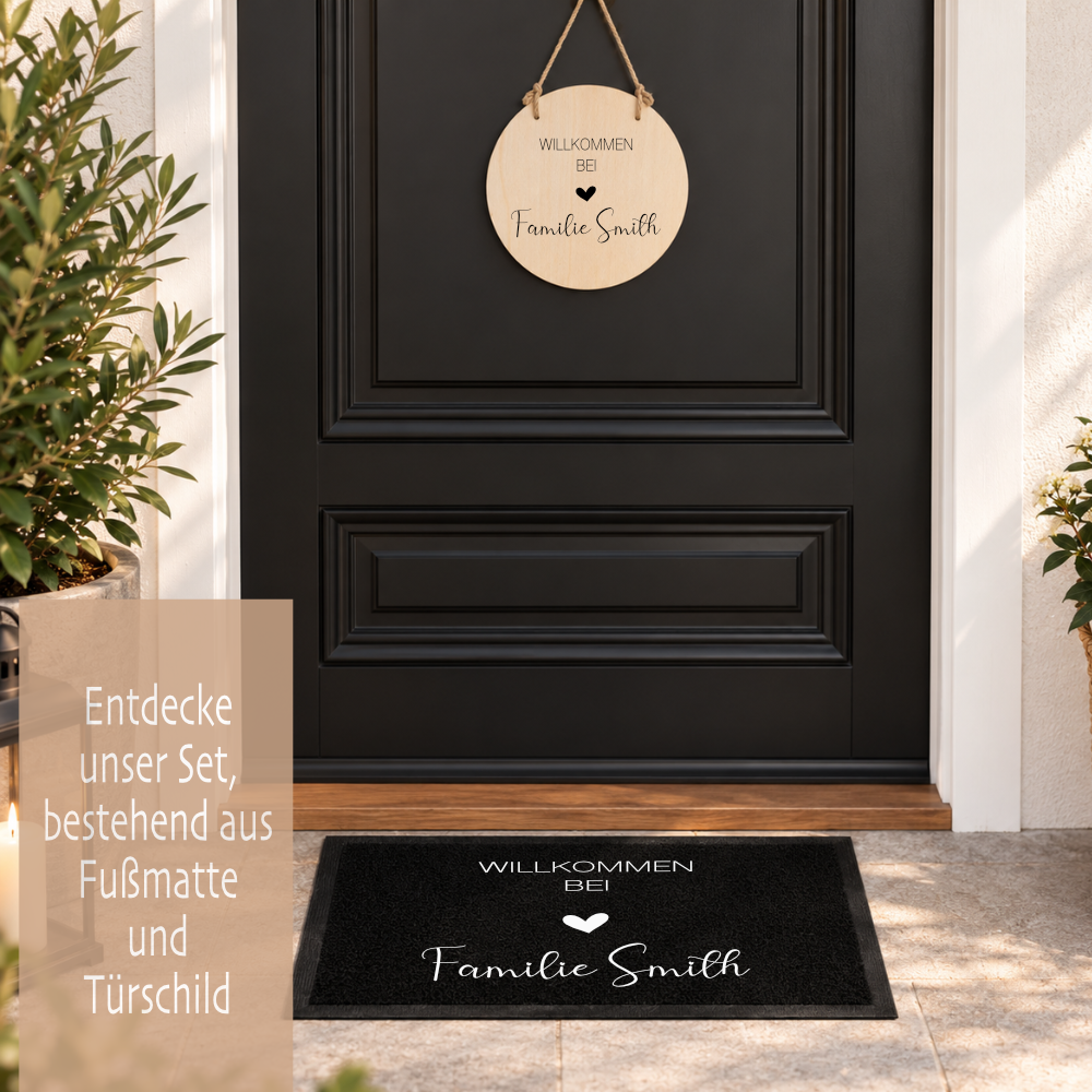 Personalisierte Fußmatte & Türschild aus Holz – Willkommen bei Familie