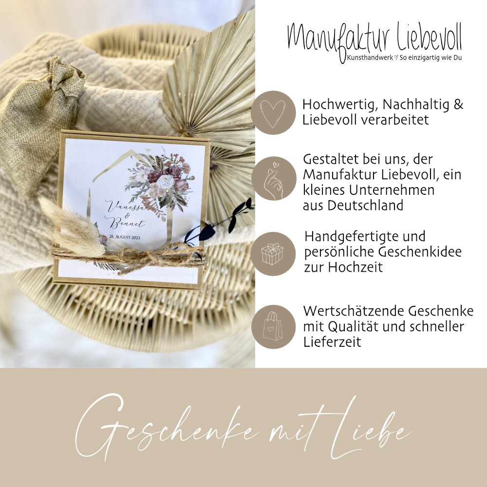 Geschenkverpackung zur Hochzeit, Individuelles personalisiertes Geldgeschenk inkl. Jutebeutel
