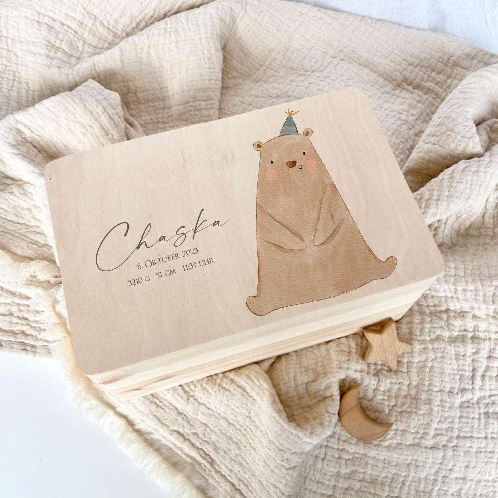 Personalisierte Aufbewahrungskiste für Kinder, Erinnerungsbox aus Holz mit dem Namen u. Geburtsdaten | Motiv: Bär