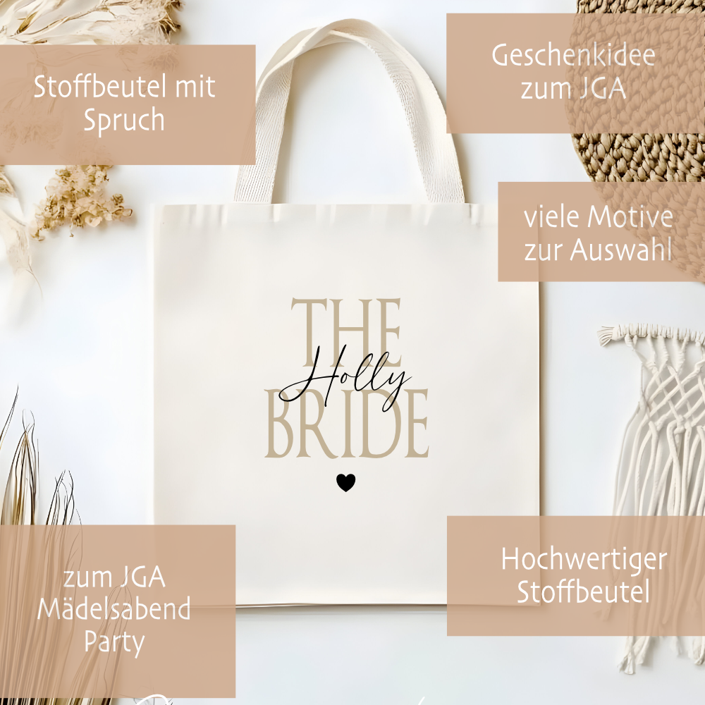 Personalisierter Stoffbeutel zum JGA, 2 Motive: The Bride und Team Bride