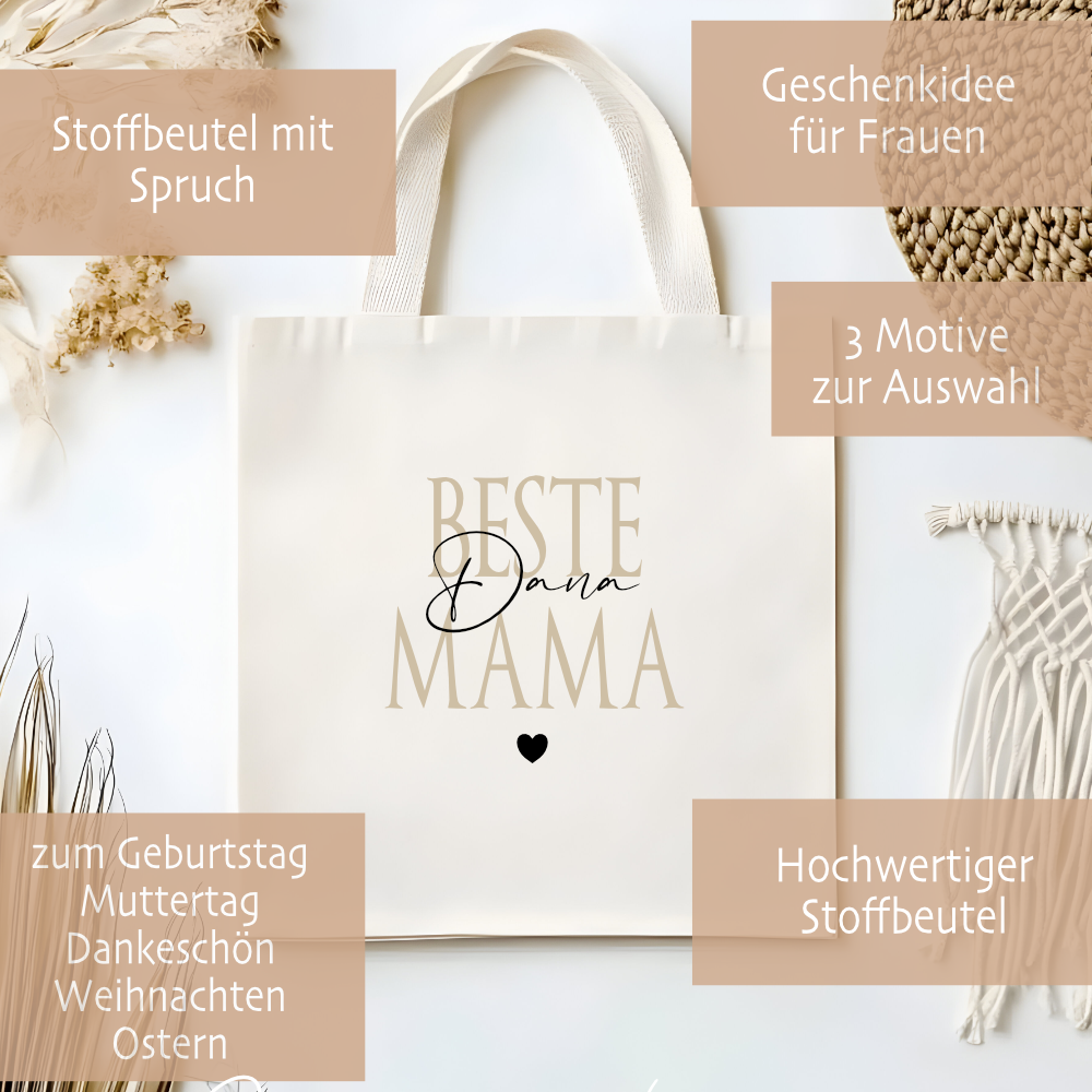 Personalisierter Stoffbeutel, 3 Motive: Beste Mama, Beste Oma, Beste Schwester