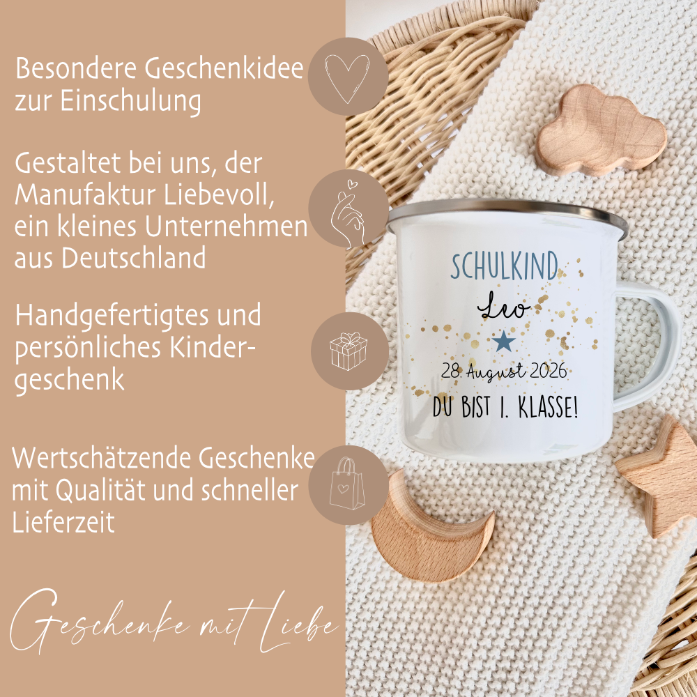 Personalisierte Tasse für das Schulkind | Geschenk für Jungen und Mädchen mit Namen und Datum | 2 Farbvarianten zur Auswahl
