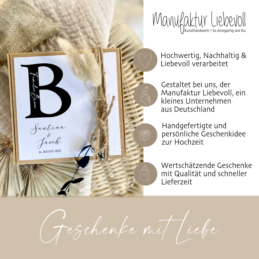 Zur Hochzeit - Personalisierte Geschenkverpackung mit Monogram, Individuelles Geldgeschenk inkl. Jutebeutel