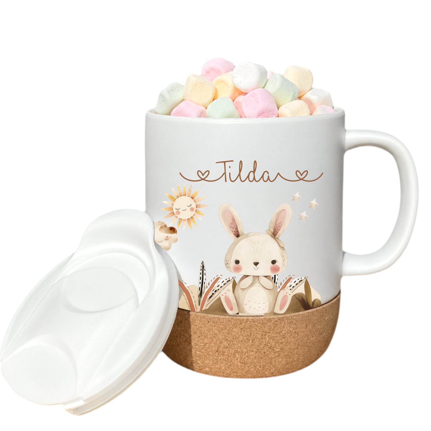 Personalisierte Kindertasse mit Namen – Keramiktasse mit Korkboden & Deckel | 14 Motive zur Auswahl
