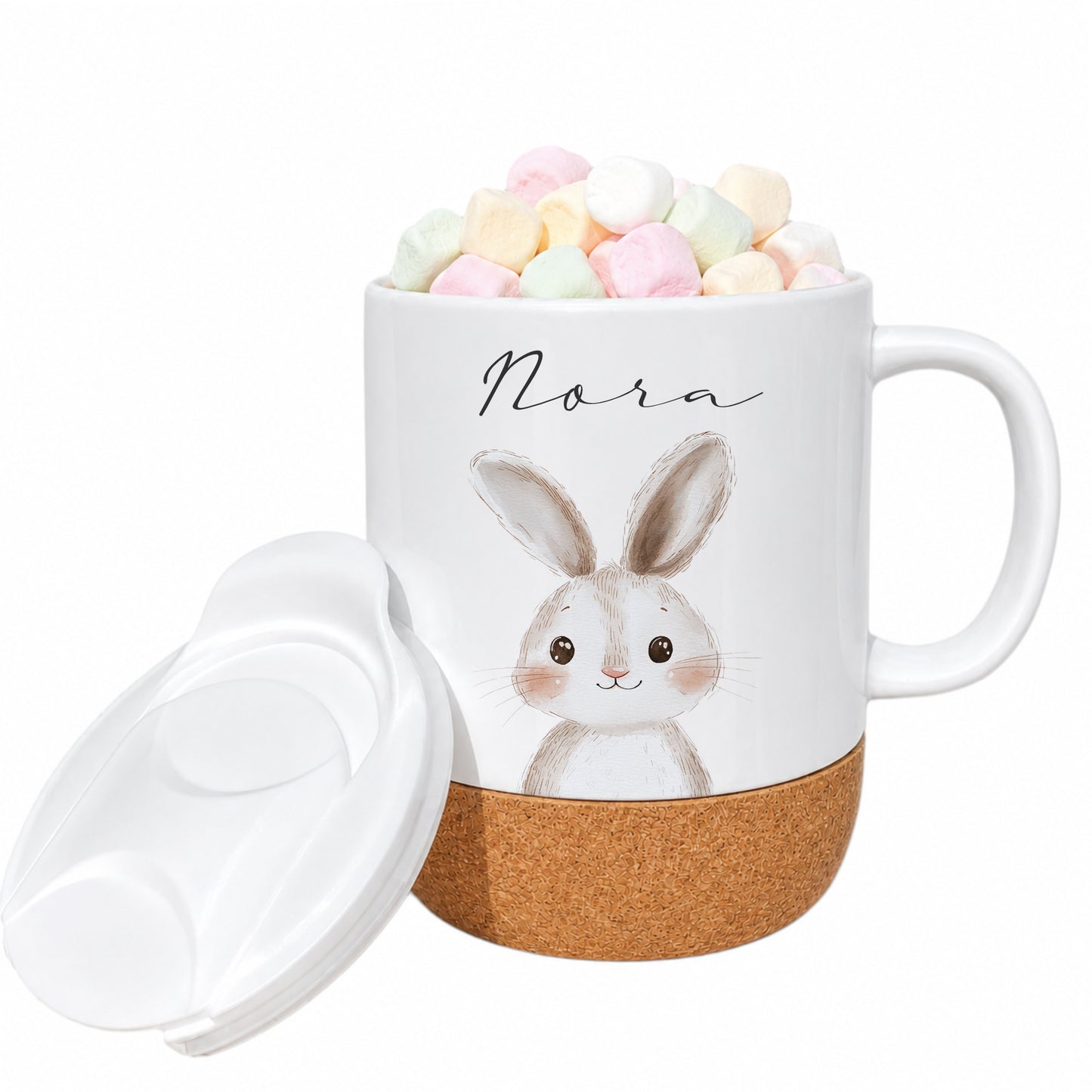 Personalisierte Kindertasse mit Name – Keramiktasse mit Korkboden & Deckel | 12 Tiermotive
