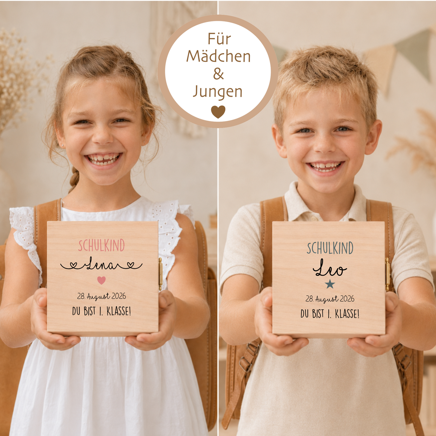 Geschenkbox zur Einschulung – personalisierte Holzbox mit Trockenblumen & Geldsäckchen