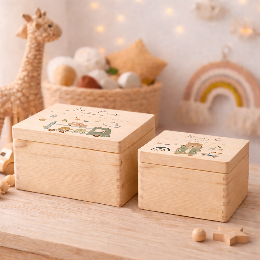 Personalisierte Holzkiste mit Name – Erinnerungskiste für Jungen mit Auto Motiv – Geschenk zur Geburt oder Taufe – 2 Größen