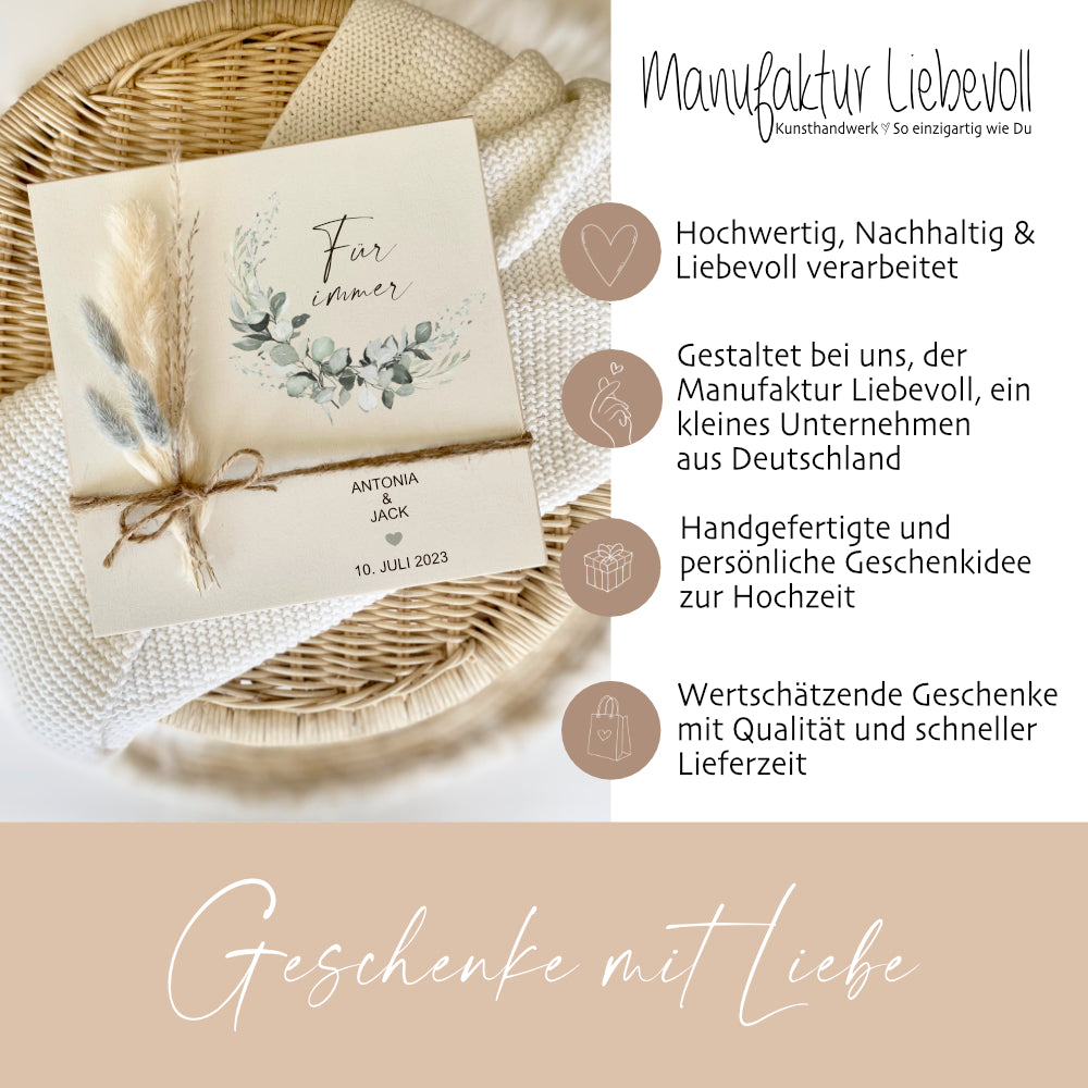 Geschenk zur Hochzeit, Personalisiertes Hochzeitsgeschenk "Für immer", Holzbild mit Namen und Datum des Brautpaares