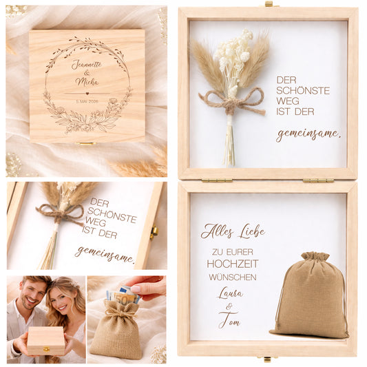 Geldgeschenk Hochzeit personalisiert | Hochzeitsgeschenk Brautpaar mit Namen & Datum | Holzbox Geldgeschenk Hochzeit mit Jutesack