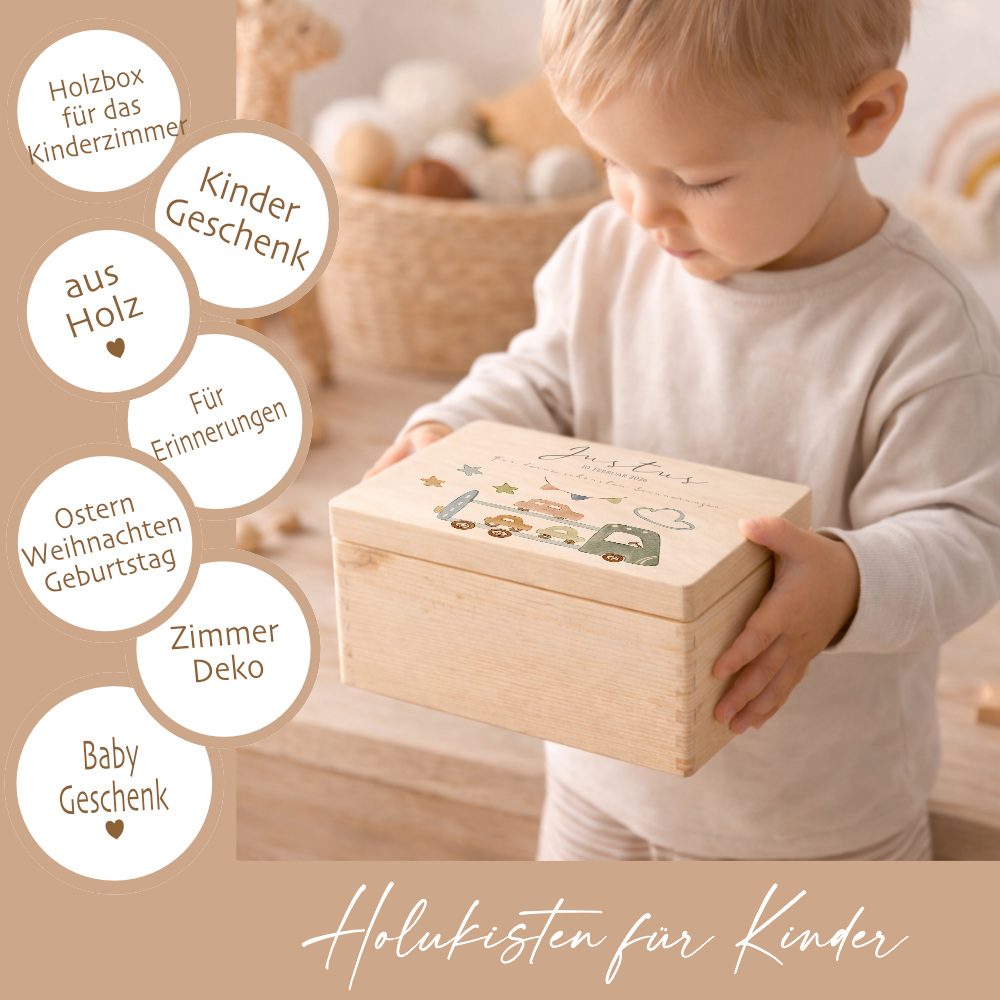 Personalisierte Holzkiste mit Name – Erinnerungskiste für Jungen mit Auto Motiv – Geschenk zur Geburt oder Taufe – 2 Größen