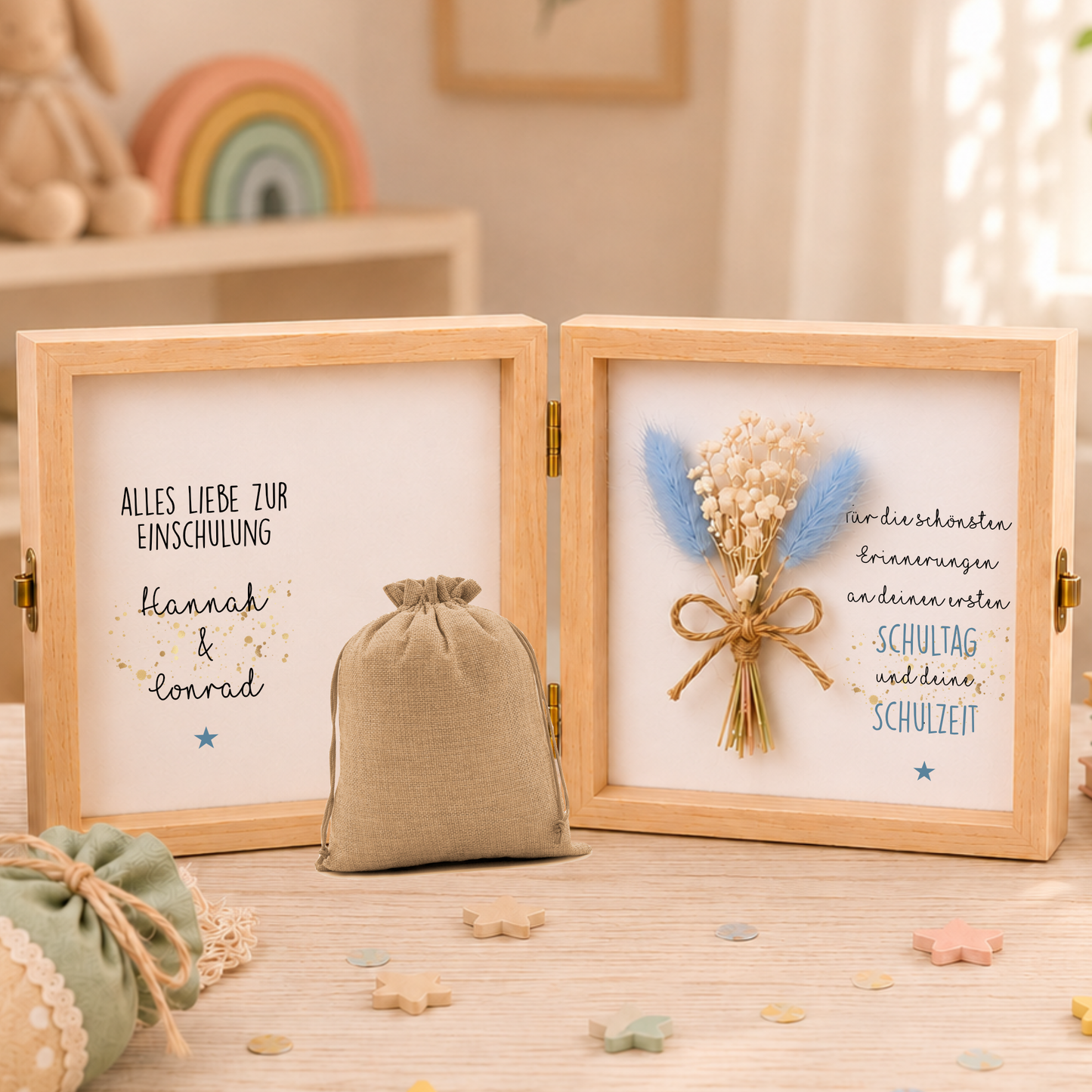Geschenkbox zur Einschulung – personalisierte Holzbox mit Trockenblumen & Geldsäckchen
