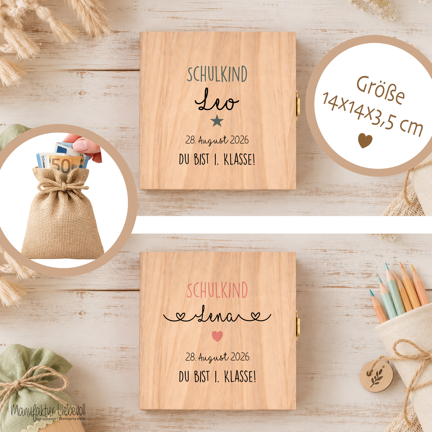 Geschenkbox zur Einschulung – personalisierte Holzbox mit Trockenblumen & Geldsäckchen