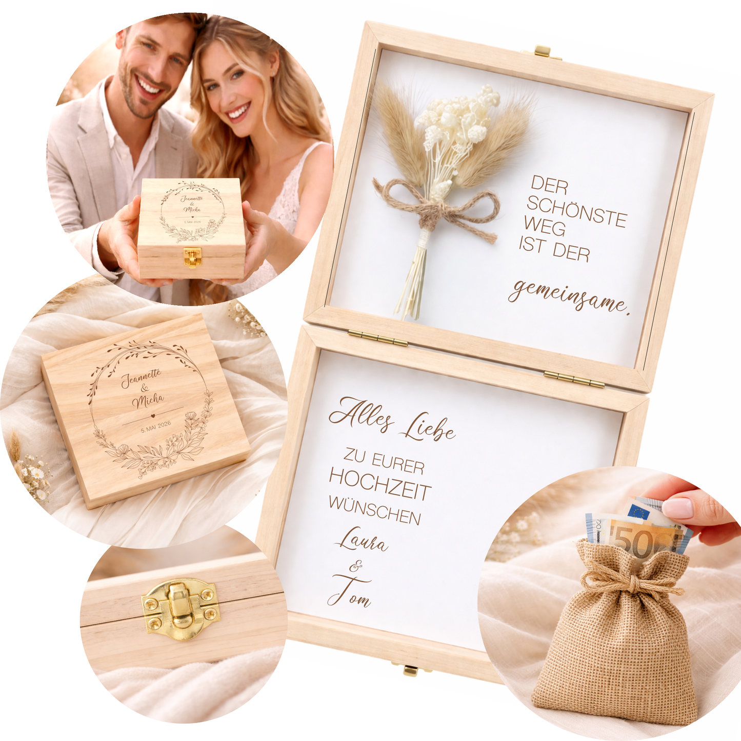 Geldgeschenk Hochzeit personalisiert | Hochzeitsgeschenk Brautpaar mit Namen & Datum | Holzbox Geldgeschenk Hochzeit mit Jutesack