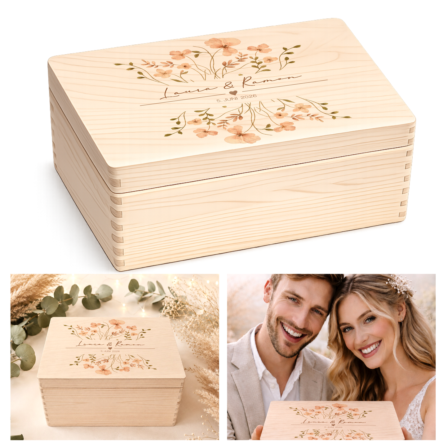Personalisierte Erinnerungskiste Hochzeit mit Namen & Datum | Hochzeitsgeschenk Brautpaar | Holzbox Hochzeit | Geldgeschenk Hochzeit Liebe