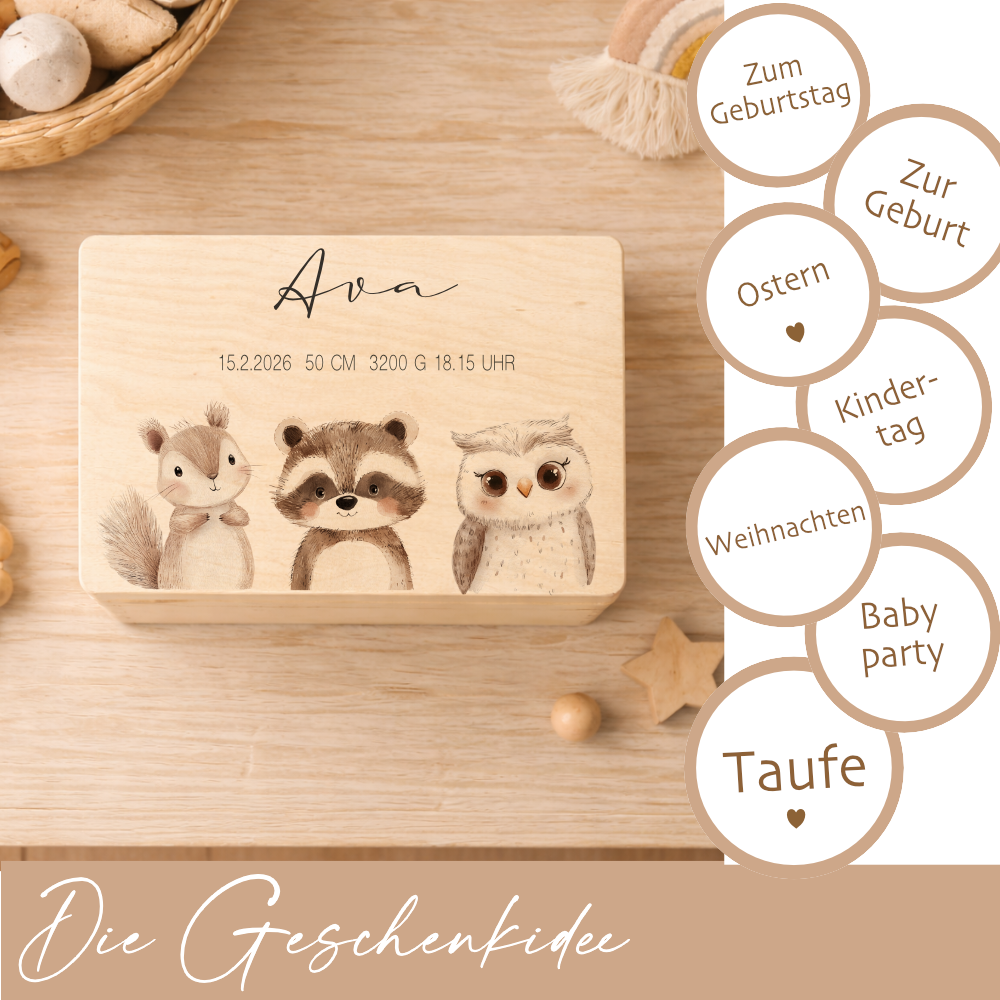 Personalisierte Holzkiste mit Name – Erinnerungskiste für Baby & Kind – Geschenk zur Geburt oder Taufe – 2 Motive & 2 Größen