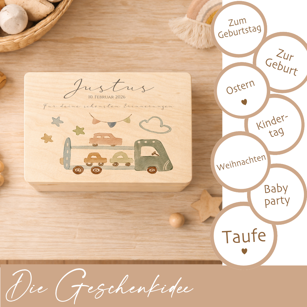 Personalisierte Holzkiste mit Name – Erinnerungskiste für Jungen mit Auto Motiv – Geschenk zur Geburt oder Taufe – 2 Größen