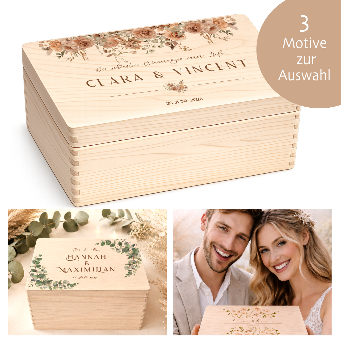 Personalisierte Erinnerungskiste Hochzeit mit Namen & Datum | Hochzeitsgeschenk Brautpaar | Holzbox Hochzeit | Geldgeschenk Hochzeit Liebe